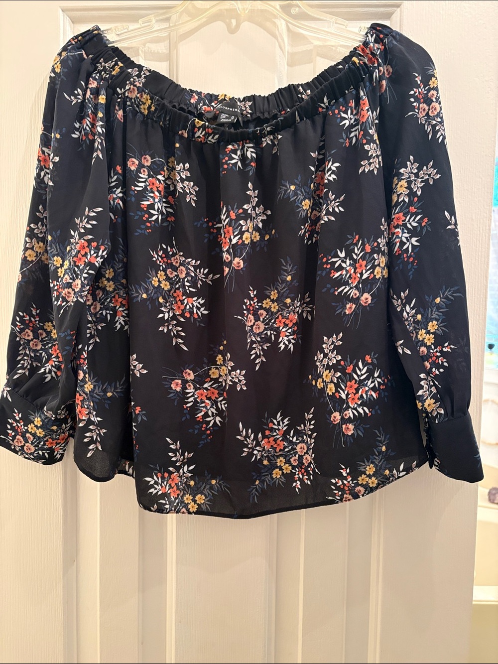 Atmosphere Black Floral Off-Shoulder Top with Red, Yellow and Cream Blooms